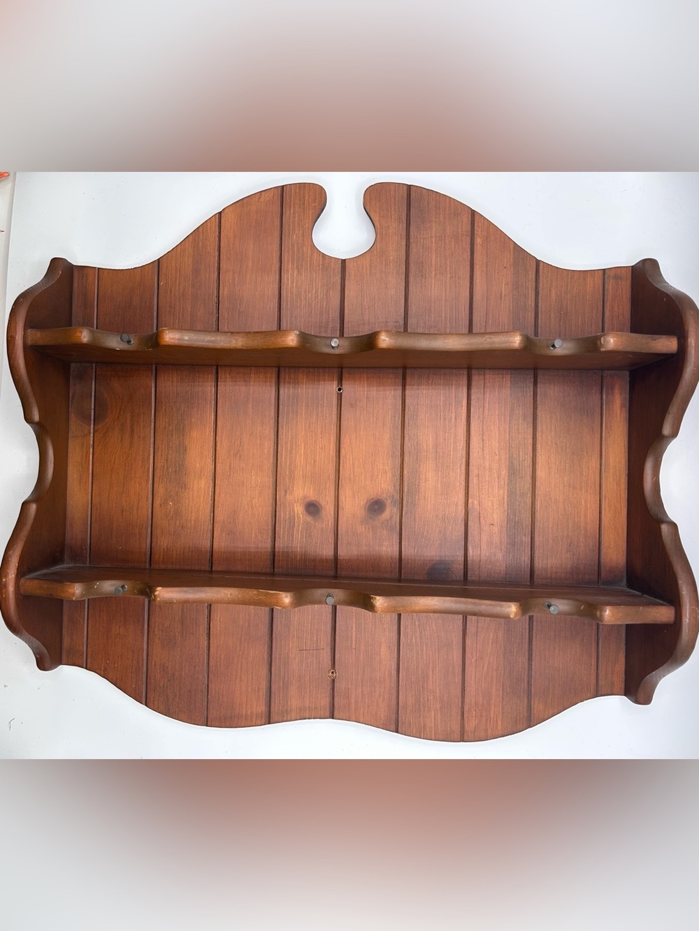 Vintage Wooden Paneled Tea Cup Saucer Shelf Nail Indents Large 18.5" x 20"